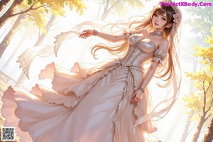 A woman in a wedding dress standing next to a tree.