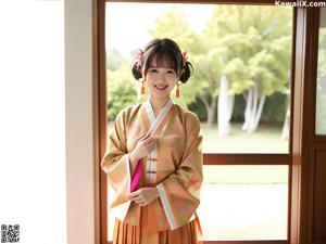 A woman in a kimono sitting on a bed.