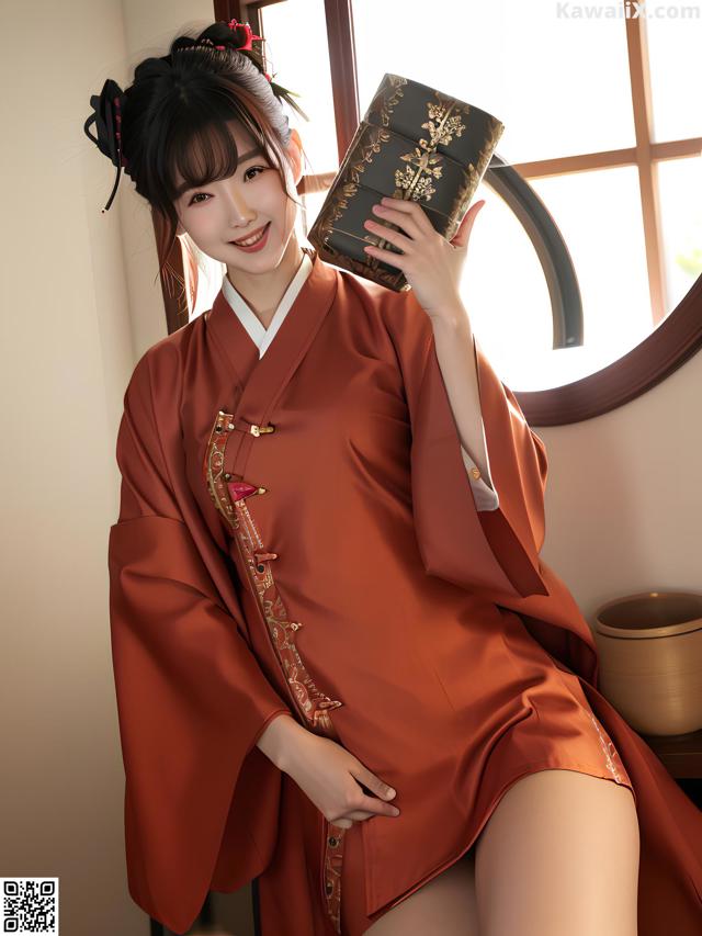 A woman in a red kimono holding a book.