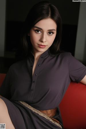A woman in a red bra and blue jacket posing for a picture.