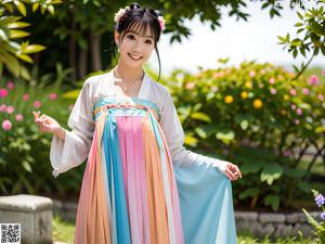 A woman in a pink robe posing for a picture.