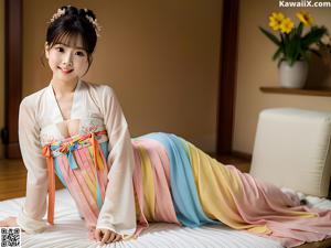 A woman in a white kimono posing in a garden.