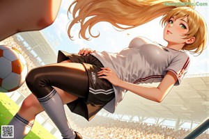 A girl standing next to a soccer ball on a field.