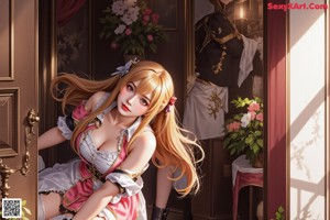 A woman with long blonde hair wearing a dress and gloves.