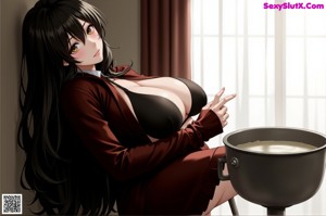 A naked anime girl sitting on a bed holding a cell phone.