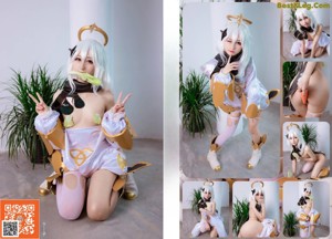 A woman in a costume is posing for a picture.