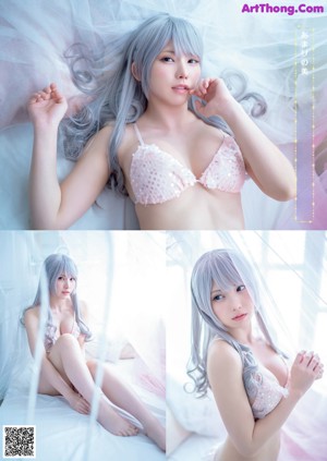 A woman with long gray hair in a bathtub.