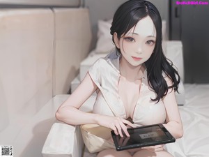 A woman in a white bikini standing in front of a mirror.