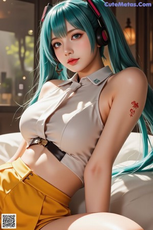A woman with long blue hair wearing a white shirt and black skirt.