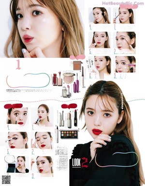 A magazine page with a picture of a woman applying makeup.