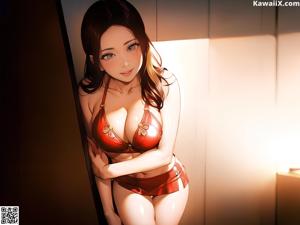 A woman in a white and gold bikini standing on a wooden deck.