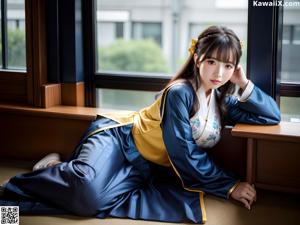 A woman in a yellow kimono sitting on a bed.