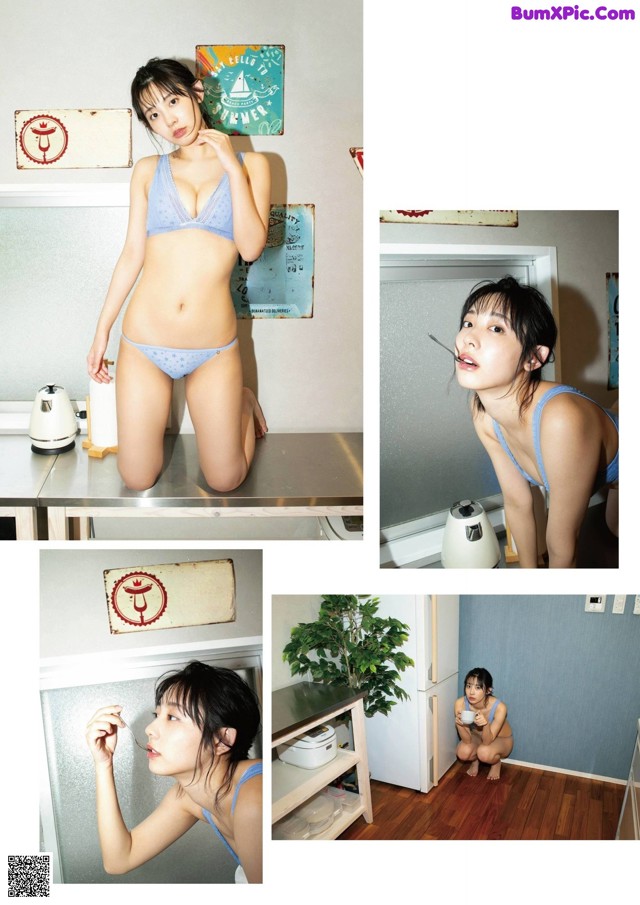 A woman in a blue bikini sitting on a kitchen counter.