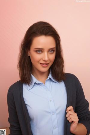 A woman in a pink shirt and white stockings sitting on a bed.