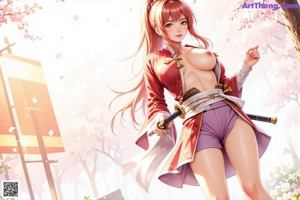 A woman in traditional attire holds a sword, standing amidst cherry blossoms.