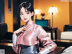 A woman in a kimono standing in front of a window.