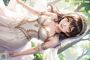 A woman in a wedding dress standing under a tree.