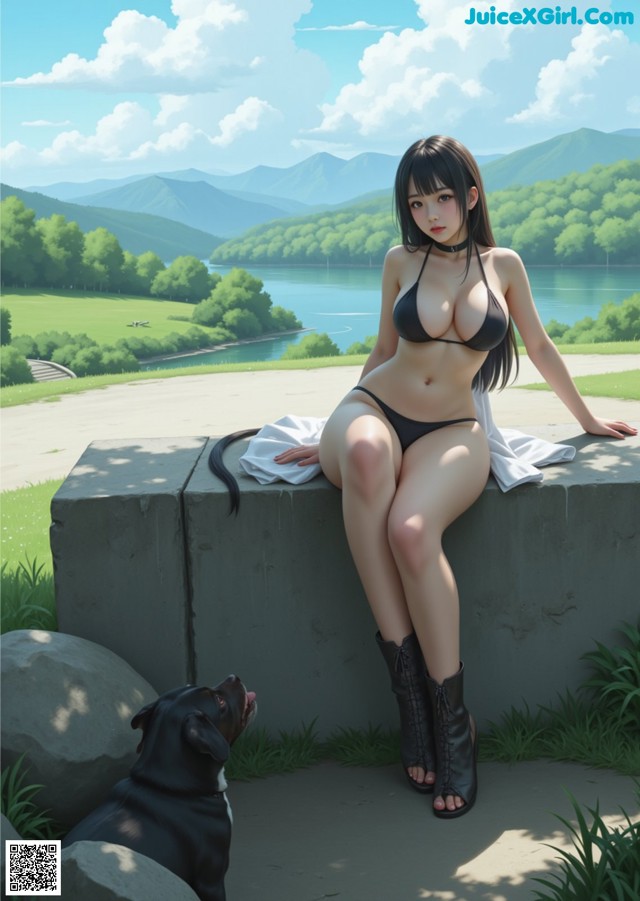 A woman in a bikini sitting on a wall next to a dog.