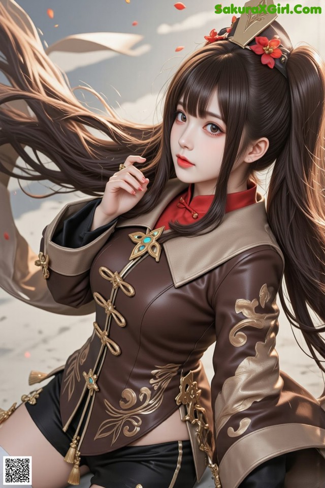 A woman with long brown hair wearing a brown and gold outfit.