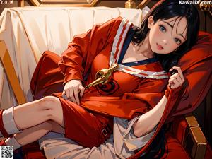 A woman in a white shirt and red skirt sitting on a bed.