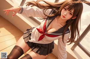 A girl in a school uniform standing on a sidewalk.