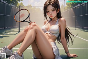 A woman in a bikini holding a tennis racket.