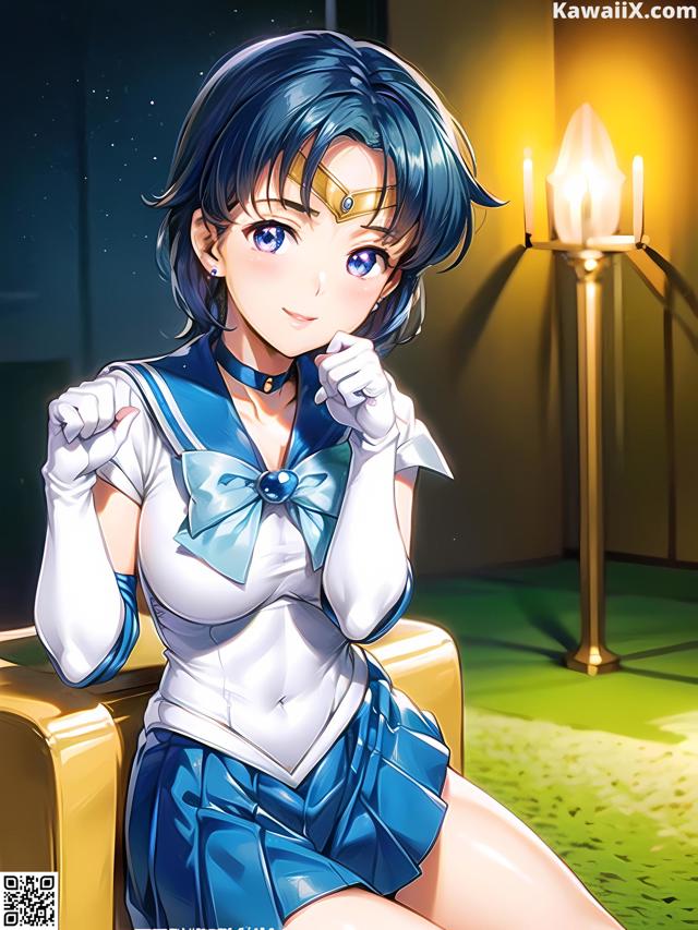 A woman in a sailor outfit sitting on a chair.