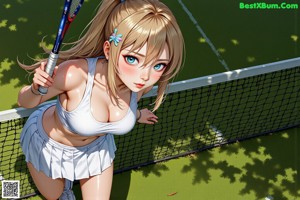 A woman in a white top and skirt holding a tennis racket.