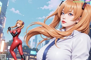 A woman in a red and black outfit standing in the middle of a city.