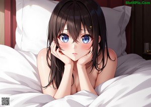 A naked anime girl sitting on a chair with horns on her head.