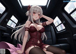 A naked anime girl with long black hair and a cat ears.