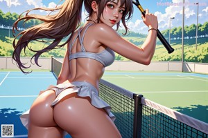 A woman holding a tennis racket on a tennis court.