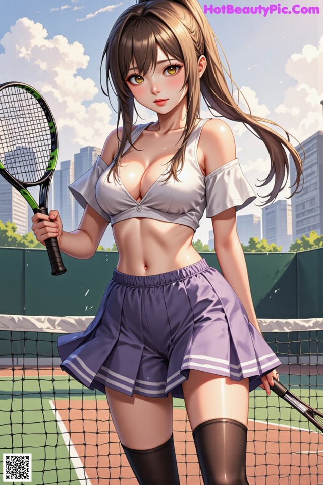 A woman holding a tennis racket on a tennis court.