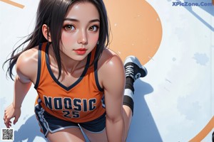 A woman in a basketball uniform dribbling a basketball on a court.