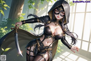 A woman in a bikini with a sword in her hand.