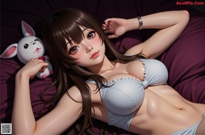 A girl sitting on the floor with two white rabbits.
