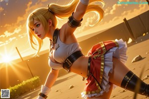 a woman with long blonde hair standing in front of a bridge