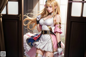 a woman with long blonde hair standing in front of a bridge