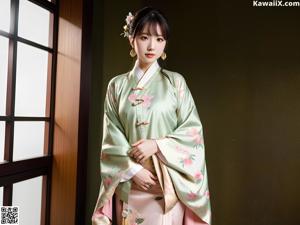 A woman in a green kimono posing for the camera.