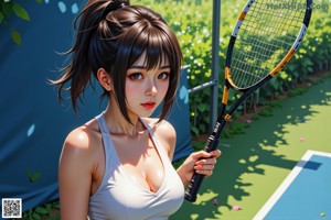 A woman holding a tennis racket in a park.