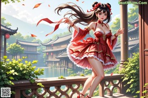 A woman in a red and white dress standing on a roof.
