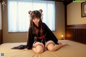A woman in a kimono sitting on top of a table.