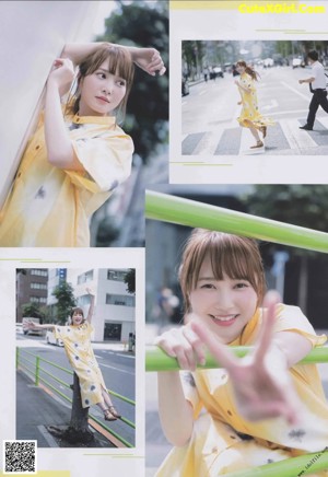 A woman in a yellow dress is walking down the street.
