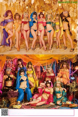 A group of four pictures of a woman in a costume.