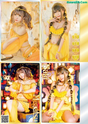 A group of four pictures of a woman in a costume.