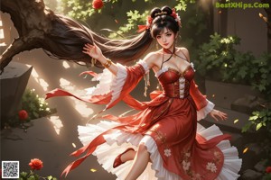 A woman in a red and white dress is dancing.