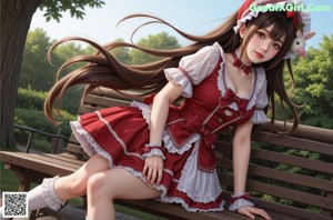 A woman in a red and white dress sitting on a couch.
