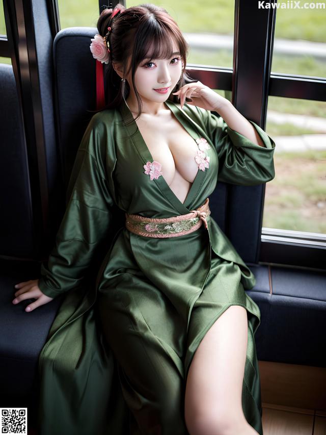 A woman in a green kimono sitting on a train.