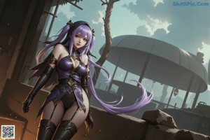 A woman with purple hair sitting in the snow.