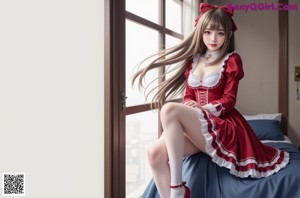 a woman in a red and white dress and stockings